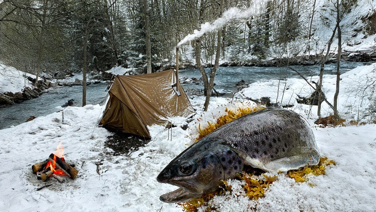 Hot Tent Camping  in deep Winter & Catch and Cook img